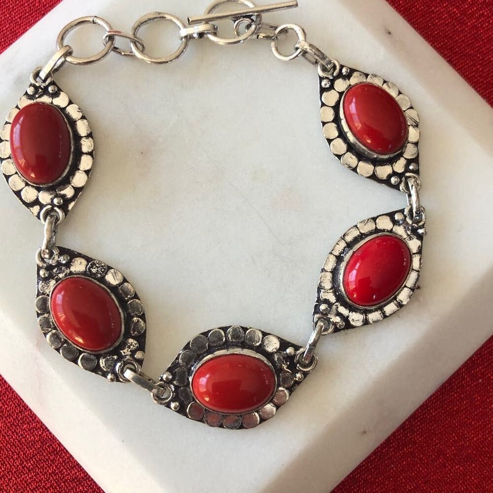 #02211 925 Sterling Red Coral Oval Bracelet 8 1/2 "